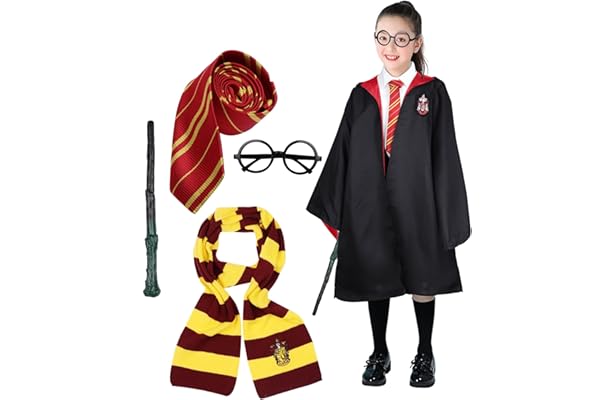 [LAMONKE] ハリーポッター 子供用 コスプレ 寮服 ハロウィン 仮装 キッズコスチューム ローブ マフラー 眼鏡 ネクタイ 魔法の杖 フル5点セット 子供コスプレ パーティー クリスマス 誕生日 USJ ユニバー 学園祭 イベント 男女兼用