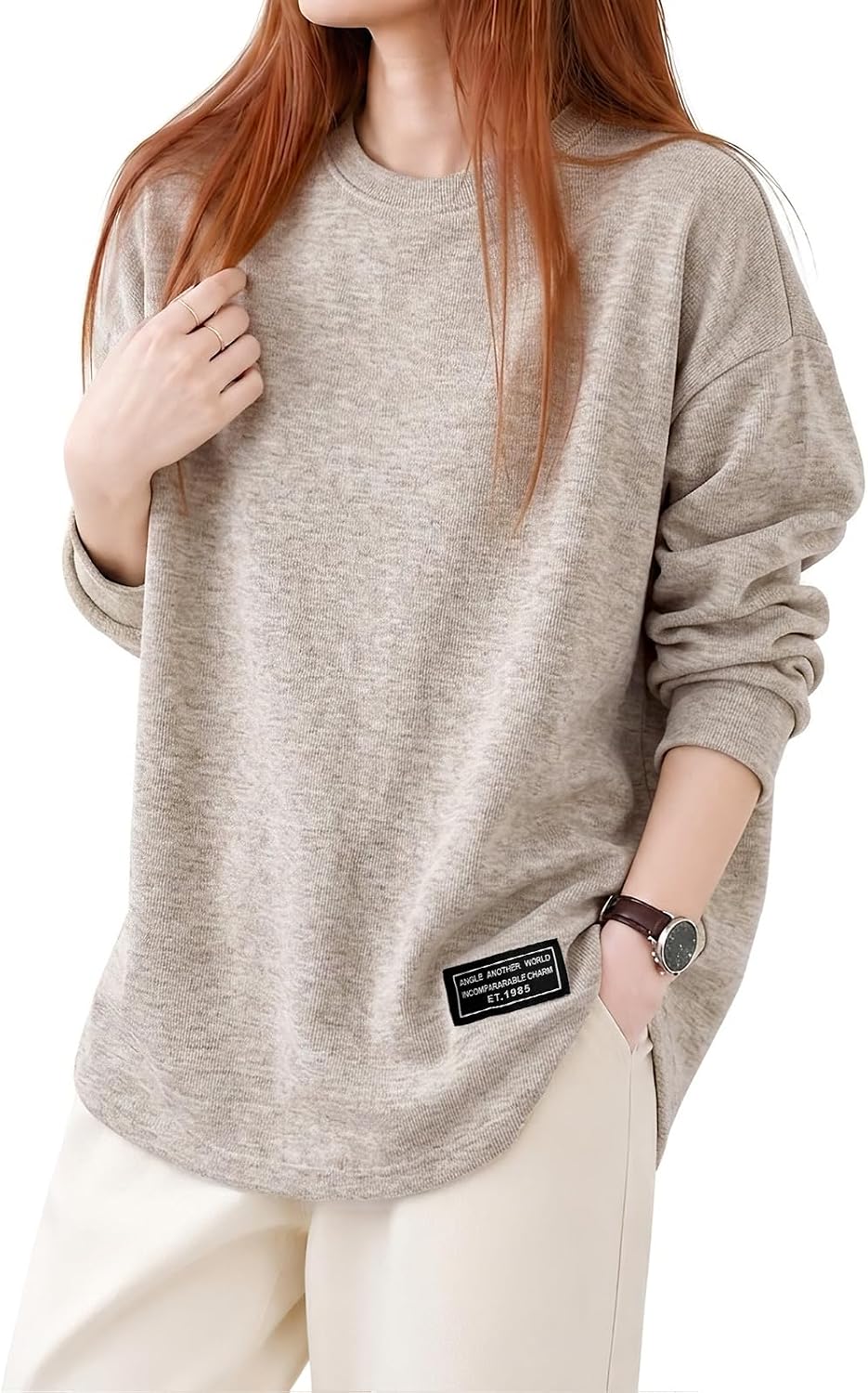 [MOWO] tシャツ レディース 長袖カットソー【ミニマルベーシック】【体型カバー・柔らかい肌触り】秋冬 ゆったりシルエット | ラウンドヘム 無地 トップス クルーネック 重ね着 インナー 通勤 休日 普段着