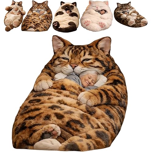 人間用猫型寝袋、洗えるぬいぐるみ風猫プリント封筒型寝袋、大人用巨大ふわふわ動物寝 袋（内側ソフトフランネル裏地付き）、かわいい猫モチーフの暖かいブランケット（新築祝いの贈り物に最適）