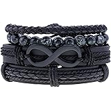 COLORFUL BLING 4pcs Black Leather Cross Beaded Believe Multi Layer Leaf Bracelet Wrap Strand Bracelet for Men Women Charm Wid