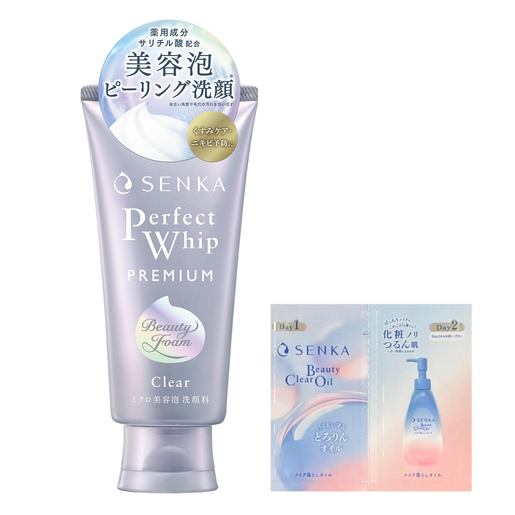 センカ SENKA プレミアムパーフェクトホイップ クリア 洗顔フォーム 120g+サンプル (医薬部外品) | ニキビ予防の薬用成分サリチル酸配合,古い角質や毛穴の汚れを洗い流しくすみをケア,ごわつきを抑え透明感のあるなめらかな肌へ,ミクロ美容泡が
