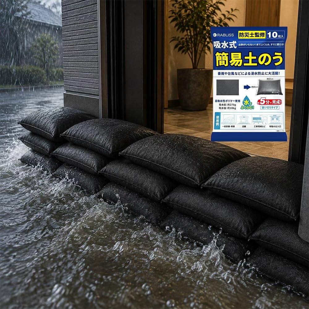 1袋10枚 土砂不要【約5分 水で厚さ約12倍に膨らみ約18kgに】土嚢 吸水土のう 緊急簡易土のう 止水 水害対策 浸水対策 逆流防止 防災グッズ | 法人導入実績 長期保存 防災グッズ 非常用 災害用 洪水 浸水対策 止水 逆流防止 災害 水害