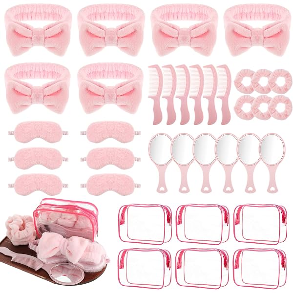 Mimorou 48-teiliges Spa-Party-Set – 12 Stirnbänder, 12 Augenmasken, 12 Haargummis, 12 Organza-Beutel, Rosa