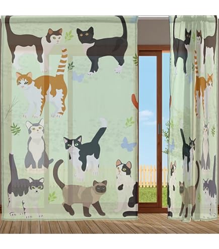 Amazon｜ユニベール ねこ柄ドレープ&ねこ柄レースカーテンセット