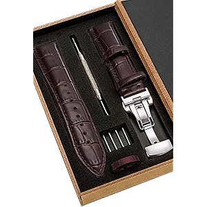 時計 ベルト 時計 バンド 24mm 23mm 22mm 21mm 20mm 19mm 18mm 本革腕時計バンド 交換ベルト Dバックル 防水 防汗 メンズ腕時計レザーベルト 工具付き ボックス付き (18mm, ダークブラウン)