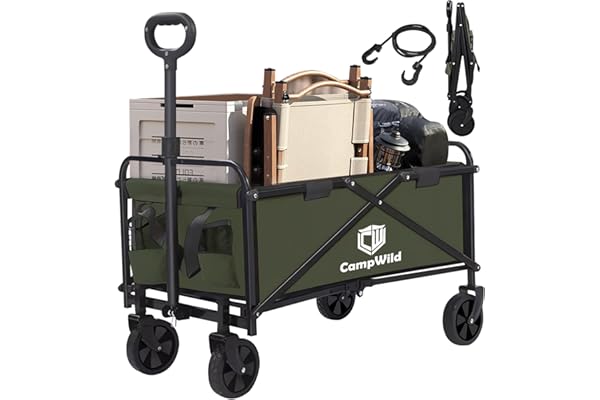 CampWild キャリーワゴン 折りたたみ式キャリーカート アウトドアキャンプカート ワイドタイヤ搭載 大容量120L 耐荷重100kg 自立式収納 BBQ 釣り キャンプ 運動会用などに最適 (緑色)