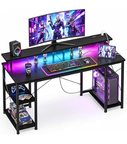 Amazon | パソコンデスク 黒 幅120CM 棚付き コンセント付き