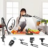 LUXSURE リングライト アーム 俯瞰撮影 スマホスタンド ライト付き 撮影用ライト 10インチ 配信用ライト 卓上 ledリングライト クリップ 撮影 照明 3色モード 10段調光 手元撮影 影がなし 撮影 ライト 物撮り 手元撮影用スマホスタ