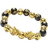 Homelavie Feng Shui 12mm Black Obsidian/Mantra Bead Bracelet with Double Golden Pi Xiu/Pi Yao and Copper Coins Bead Lucky Wea