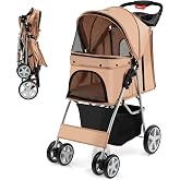 Giantex Folding Dog Stroller for Small Medium Dogs Cats Puppy, 4 Lockable Wheels Cat Stroller Pet Travel Carrier Strolling Ca