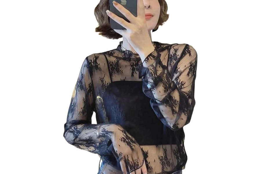 [サムコス] シアー トップス ハイネック シースルー レディース トップス レース 春夏 絶妙な透け感 肌見せ 重ね着 高伸縮 シアーシャツ 長袖 軽量 薄手