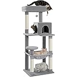 PETEPELA(ぺテぺラ) キャットタワー 猫タワー スリム 大型猫 据え置き 省スペース 登りやすい ハンモック 見晴台 ねこハウス ボンボン 天然麻紐 爪とぎ 運動不足解消 多頭飼い グレー 高さ143cm