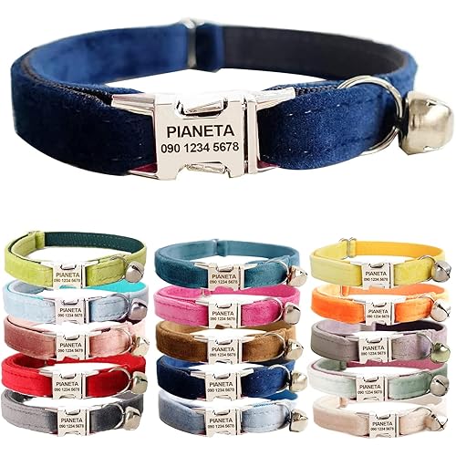 PIANETA 猫 首輪 鈴付き 名前入り＆電話番号刻印 迷子札付き 子犬首輪 カスタマイズ ペット首輪 ID 猫小型犬に適用 (マリンブルー, L (20-32cm))