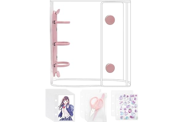 GOKEI シール帳 プラバン 透明 A8 ミニ バインダー 【リフィル×20枚 チャック付きボケット×2枚 下敷き×2枚】 PPシート カードポケット シール台紙 手帳 プリ帳 カードスリーブ 透明シール帳 はがせる バインダー型ノート 女の子 コラージュノート (ピンク)