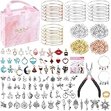 300Pcs Bangle Bracelets Making Kit, Thrilez Charm Bracelet Making Kit with Expandable Bangles, Charms, Jump Rings and Pliers 