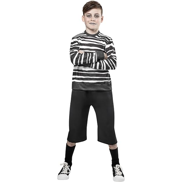 Boys Pugsley Addams Costume - Black & White Striped Shirt, Shorts & Socks Set For Halloween