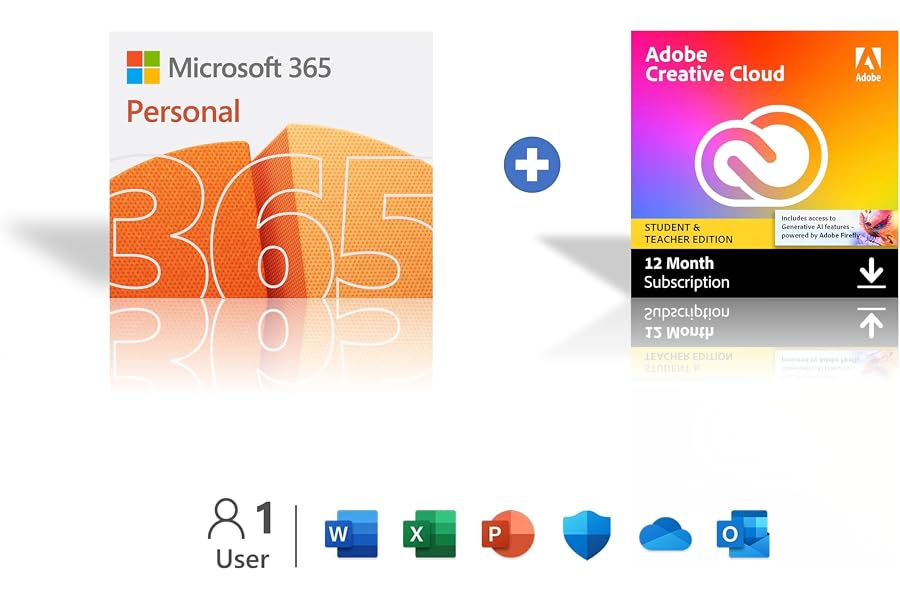 Microsoft 365 Personal + Adobe Creative Cloud All Apps Student & Teacher - 1 Year Subscription Bundle [Digital Download]