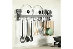 [PureKone] キッチンツールフック 吸盤 壁掛け 強力 キッチン収納 調理器具 10個可動式フック 防水防錆 アルミニウム 穴あけ不要 台所収納 (グレー, 50cm) - 1