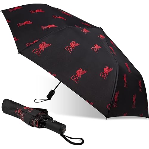 Liverpool FC Umbrella for Adults and Teens - Compact Folding Telescopic Umbrella Lightweight - Liverpool Gifts for Him, Black