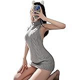 [ADSEXY] 童貞を殺すセーター ワンサイズグレー ハイネックノースリーブバックオープンリボンニットワンピース セーター 背中開き 可愛い プレゼント cosplay costume halloween 衣装 服 女性用