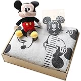 Disney ディズニー 出産祝い 名入れ刺繍 身長計付き バスタオル グレー 男の子 ミッキーマウス ぬいぐるみ おしりふきのふた 3点 ギフトセット 出産お祝い 赤ちゃん ベビー 名前入り