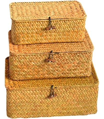 ♡自然素材♡収納カゴ Amazon.co.jp: 蓋付き天然素材編み収納バスケット3個セット(S+M+