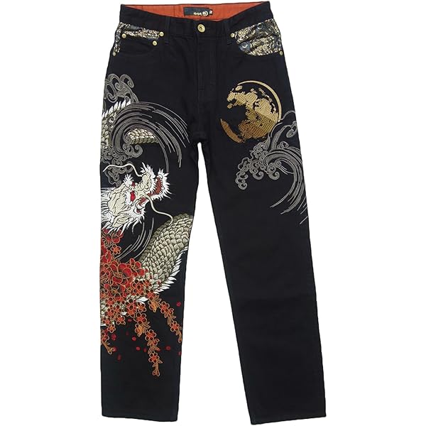 Amazon | [絡繰魂] 粋 デニム 風神雷神 メンズ 和柄 総刺繍 ロング