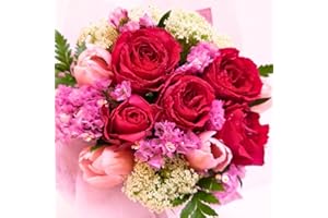 LENCA 5本のバラと季節のお花のフラワーアレンジメント ギフト 生花 切り花 花材おまかせ お祝い 誕生日祝い 結婚記念日 プレゼント 【薔薇の天然精油であけた瞬間香る香り加工付き】 ミックス (Mサイズ, ピンク系)