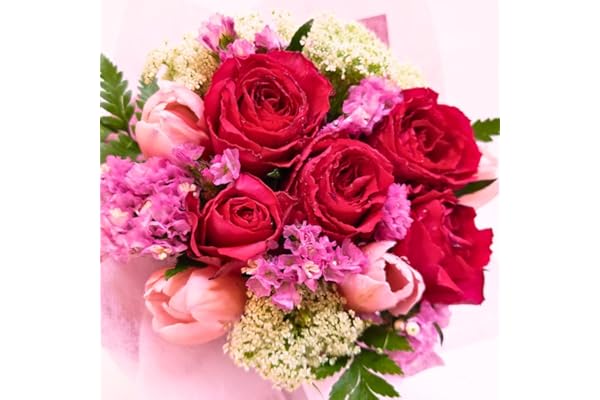 LENCA 5本のバラと季節のお花のフラワーアレンジメント ギフト 生花 切り花 花材おまかせ お祝い 誕生日祝い 結婚記念日 プレゼント 【薔薇の天然精油であけた瞬間香る香り加工付き】 ミックス (Mサイズ, ピンク系)