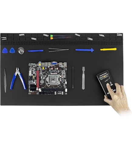 KooMall 24x16 Inch Anti Static Rubber Mat Kit For ESD Sensitive Electronic Device Repair, Soldering, PC Building, Assembly, Table Work, With Grounding Plug Cord, Antistatic Wrist Strap, Heat Resistant