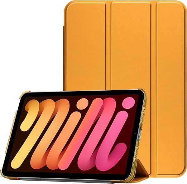 PC Tech PU Leather Case, Ultra Thin, Lightweight, Stand Function, Smart Cover, Tri-Fold, Clear Cover, For iPad Mini 6, Orange - 1