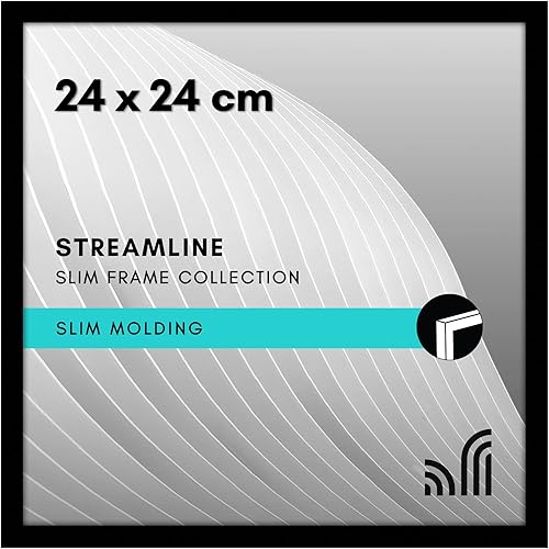 Americanflat 24cm x 24cm 額縁 フォトフレーム 耐衝撃ガラス付き 細枠デザイン（壁掛け・卓上対応） - ブラック（ストリームラインコレクション）