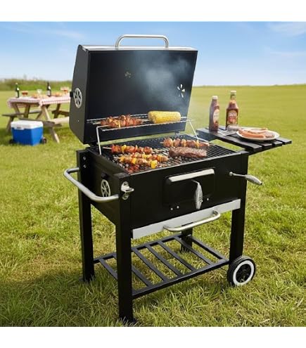 【レインカバー付き】バーベキューコンロ 焼き網 温度計で検温可能 【ブラック】 Amazon | Kennkari 【レインカバー付き】 バーベキューコンロ 蓋付き