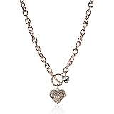 GUESS Women's Pave Heart with Logo Banner Pendant Toggle Necklace