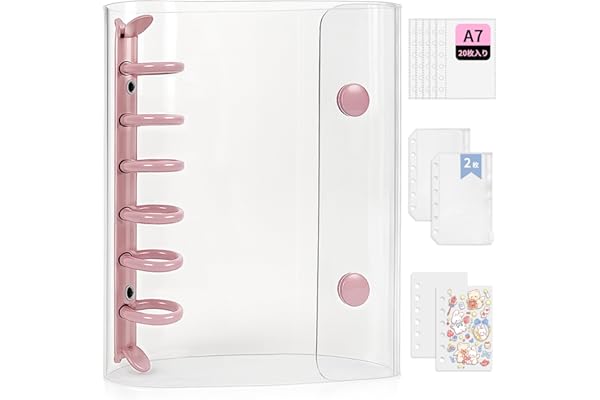 GOKEI シール帳 プラバン 透明 A7サイズ ミニ クリアバインダー 【リフィル×20枚 チャック付きボケット×2枚 下敷き×2枚】手帳 プリ帳 カードスリーブ ポケット はがせる バインダー型ノート 女の子 コラージュノート ピンク