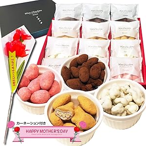母の日 贅沢ナッツショコラータ4種×3袋(12袋)詰合せ カーネーション付き アーモンドココア・ピーカンナッツキャラメル・カシューナッツ苺・くるみホワイト岩塩 チョコレート ギフト 贈り物 お菓子 高級 個包装