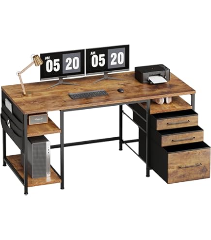 Amazon | パソコンデスク 木製 引き出し付き 幅120×奥行60cm 耐荷重