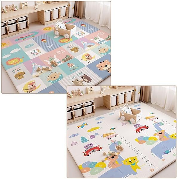 Folding Play Mat, Double Sided, 70.9 x 78.7 x 0.8 inches (180 x 200 x 2 cm), Lightweight, Anti-Slip, Waterproof, Stain Resistant, Cold Protection, Moisture Blocking, Elastic, Thick, Stylish, Cute, Babies, Infants, Baby Play Mat, Crawling Mat, Cushion Mat, Non-Toxic, Educational Play, Fall Prevention, Baby Shower - 1