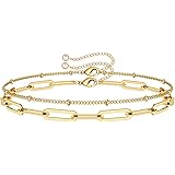 Dainty Gold Bracelets for Women, 14K Gold Filled Adjustable Layered Bracelet Cute Evil Eye Oval Chain Pearl Bar Turtle Gold B