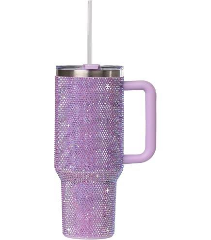 Cuteolivia 40oz Rhinestone Studded Tumbler With Handle & Straw - Insulated Stainless Steel, Double Wall Vacuum | Glitter Travel Mug For Women, Hot & Cold Retention