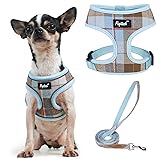 PUPTECK 犬 ハーネス リード セット 犬用 胴輪 はーねす 調節可能 着脱簡単 軽量 メッシュ 通気性 快適 ソフト 反射材付き 引っ張り防止 抜けない 喉に優しい 耐久性 散歩 安全 しつけ用 老犬介護 おしゃれ 小型犬 中型犬 大型犬 （ブルー ブラウン チェック, Lサイズ）