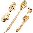SAMEBUTECO ドライブラッシングボディブラシセット 木製ロングハンドル 取り外し可能なヘッド3個付き フェイスブラシ ボディスクラバー イノシシブリストル 角質除去剤 リンパ排液とセルライト用 シャワー用バックスクラバー