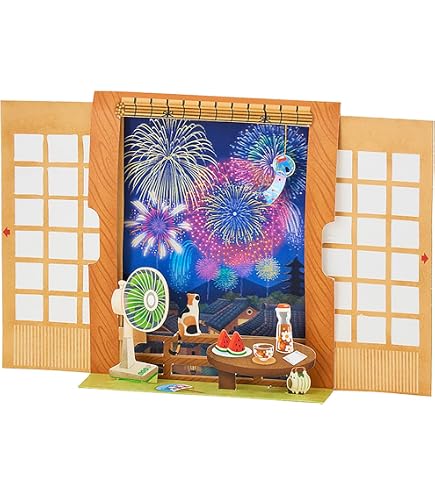 Amazon | 夏カード 夏祭り 盆踊り 屋台 花火｜ポップアップ レーザー