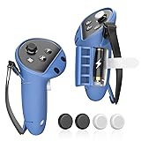 【Amazon.co.jp 限定】Meta Quest 3用コントローラーカバー、調節可能なナックルの革紐が付属した のアクセサリーです。これにより、Meta Quest 3s に対応しています。さらに、4 つのジョイスティック帽子用のシリコーングリップが含まれており、反傷性や汗に強く、迅速なバッテリー交換が可能です。手のグリップ（青）を高める設計です。