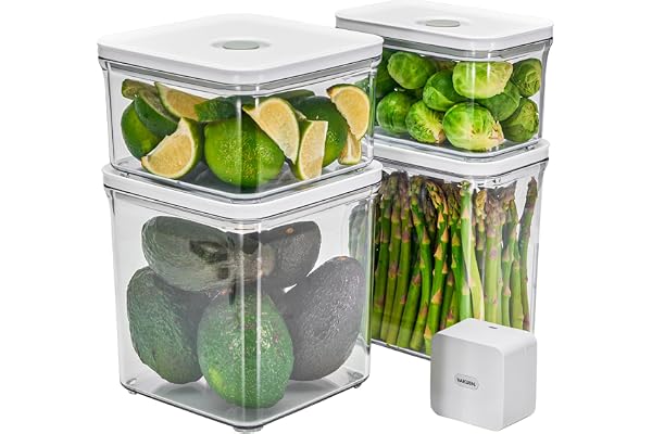 VAKUEN プレミアム真空保存容器 スターター5点セット(真空ポンプ付き)、バルブ式簡単開閉、BPAフリー、100%漏れ防止、非真空保存容器より最大5倍長く食品を新鮮保存 ((1.0L, 1.4L, 2.0L, 3.1L, 真空ポンプ)