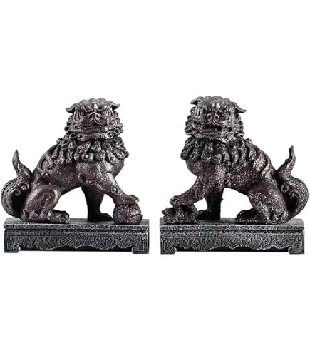 Amazon.co.jp: 狛犬・獅子 阿吽セット一対 風水開運置物 鋳鉄製