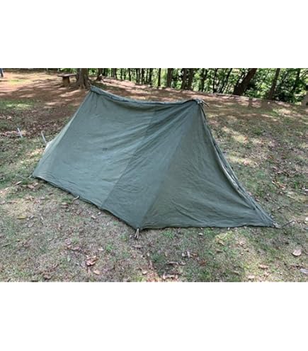 Amazon | アメリカ軍 ハーフテント/シェルター OD ※ポール・ペグ付き