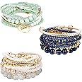 FINREZIO 3-5 Sets Bohemian Beaded Bracelets for Women Multilayer Stretch Stackable Bracelet Set Multicolor Jewelry