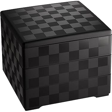 黒い重箱 3段 金色の帯付き【16cm✖16cm】 Amazon｜J-kitchens 重箱 3段 6寸 お重箱 黒招福扇面 18.1cm x