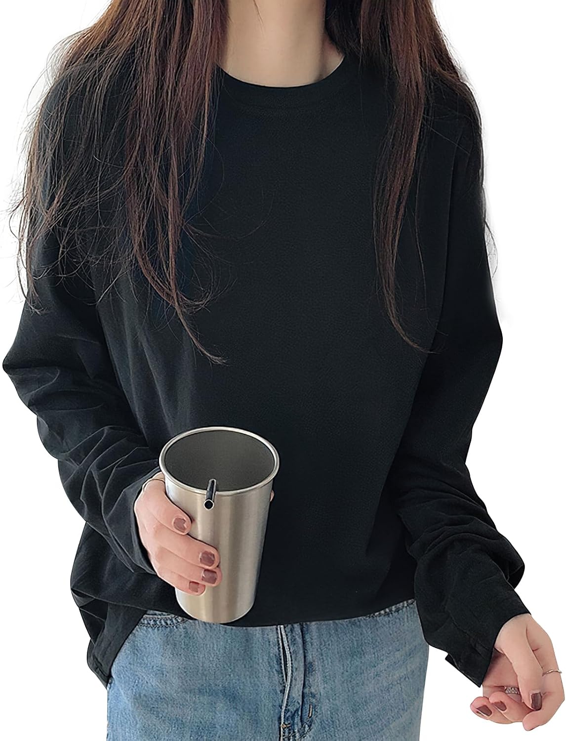 [Adcey] 【新色追加！】Tシャツ レディース 長袖 トップス | 【秋の定番·もちふわタッチ·型崩れしにくく】 カットソー ティーシャツ 丸首 クルーネック ロングスリーブ カジュアル 着痩せ ゆったり 重ね着 無地 シンプル きれいめ おしゃれ